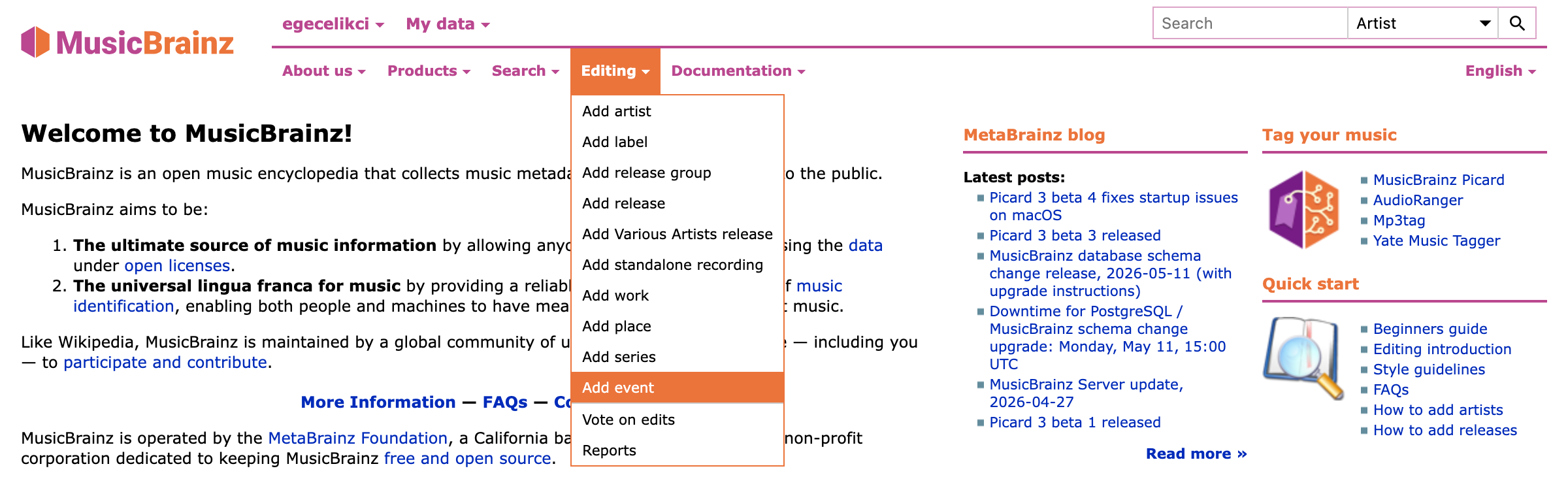 MusicBrainz Düzenleme Menüsü