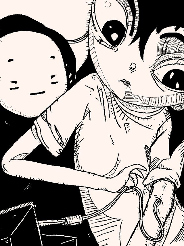 A black and white line drawing featuring a character with large eyes connecting a tube or wire into their arm, with a simple floating face in the background.